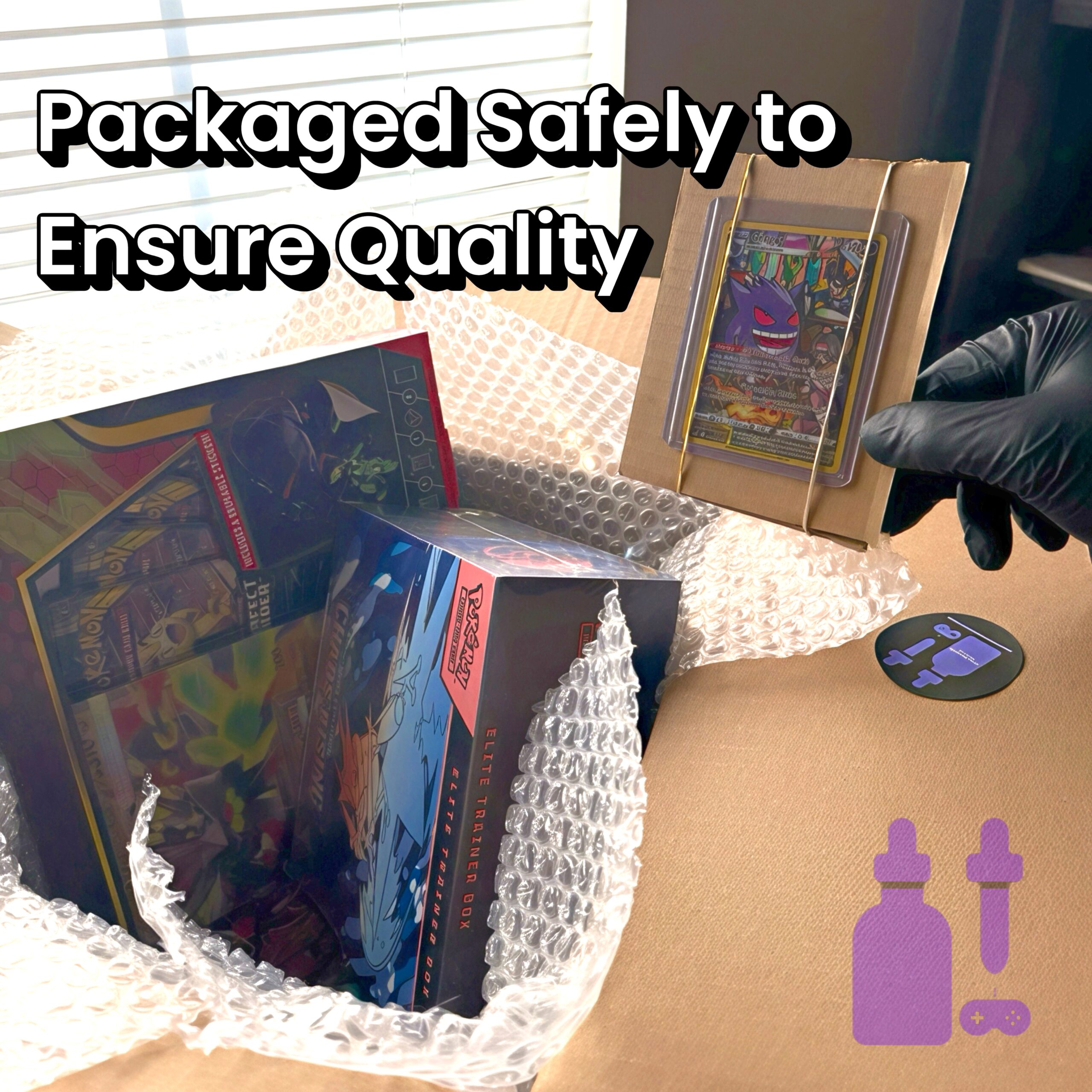 Quality Assurance About us page thumbnail - hand off the frame holding a gengar card strapped to a cardboard box for safety into al larger box with bubble wrap, and etb, and a premium collection inside